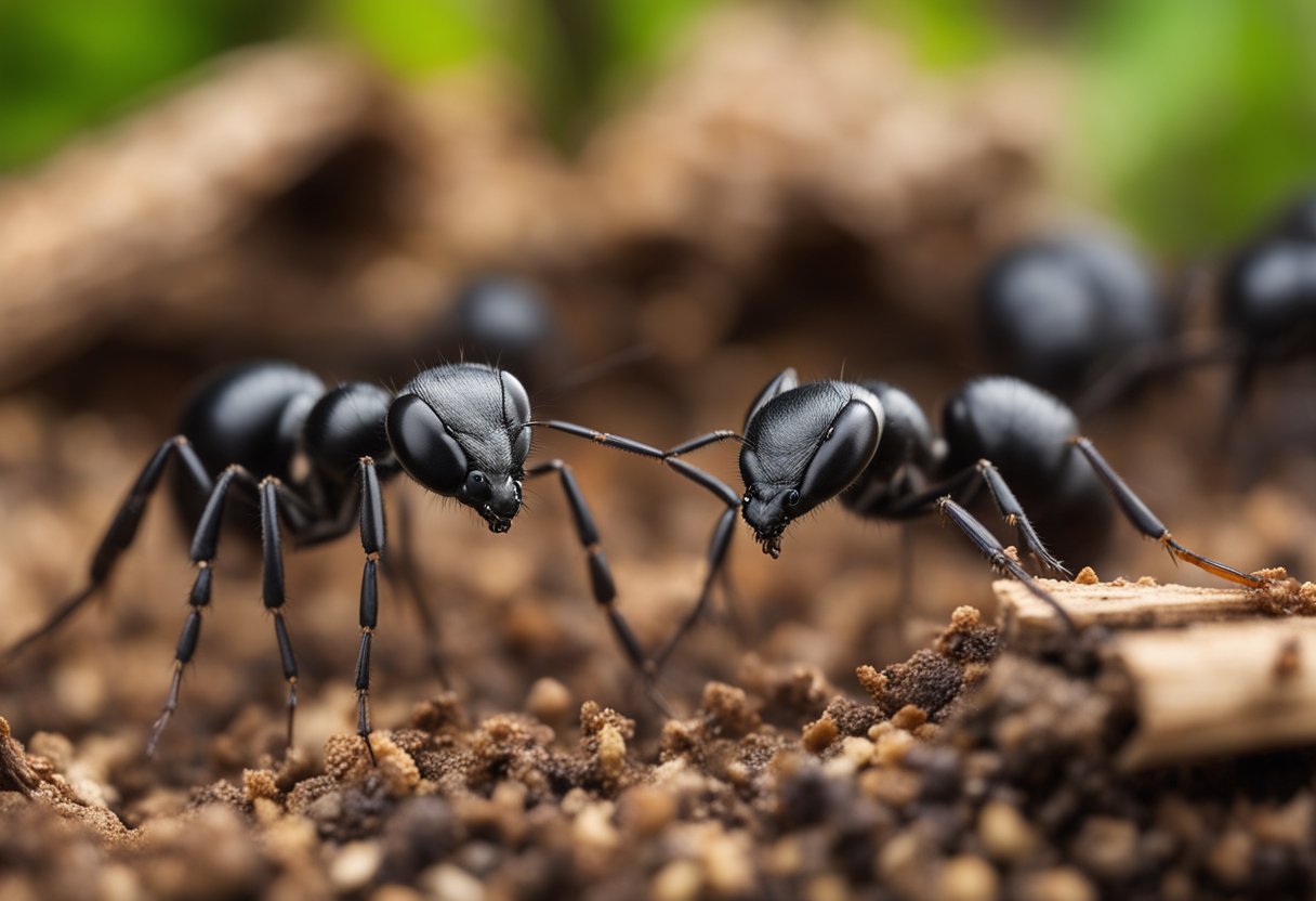 Maur crawling towards bait, woodpile in background. Different species depicted: sugar ants, carpenter ants