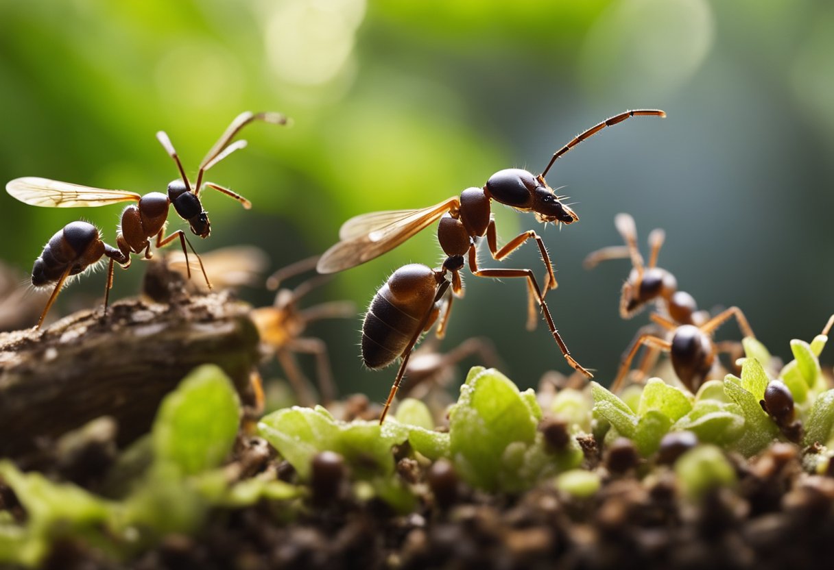 A scene of ants being lured and eliminated with bait, including different types such as wood ants and sugar ants