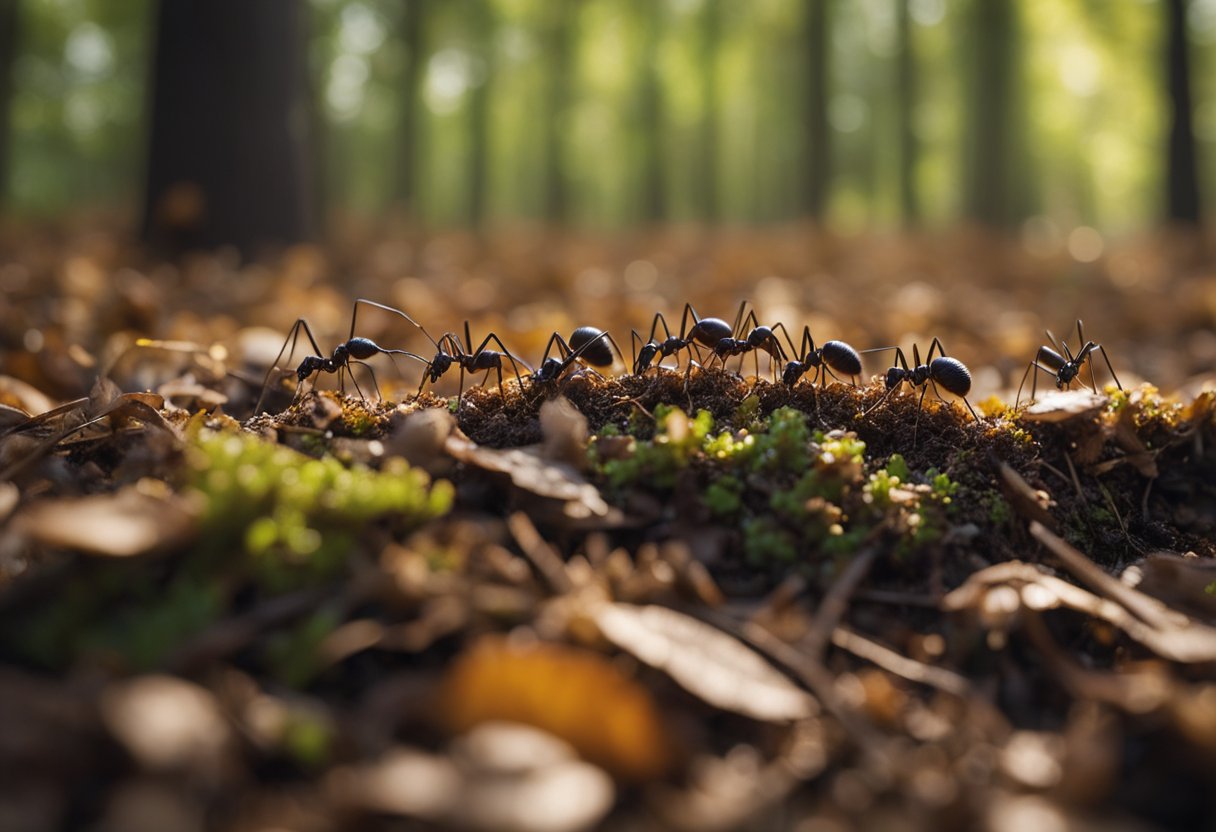 En koloni av brune skogmaur som leter etter mat på skogsunderlaget, med en blanding av falne blader og kvister spredt rundt inngangen til redet deres.