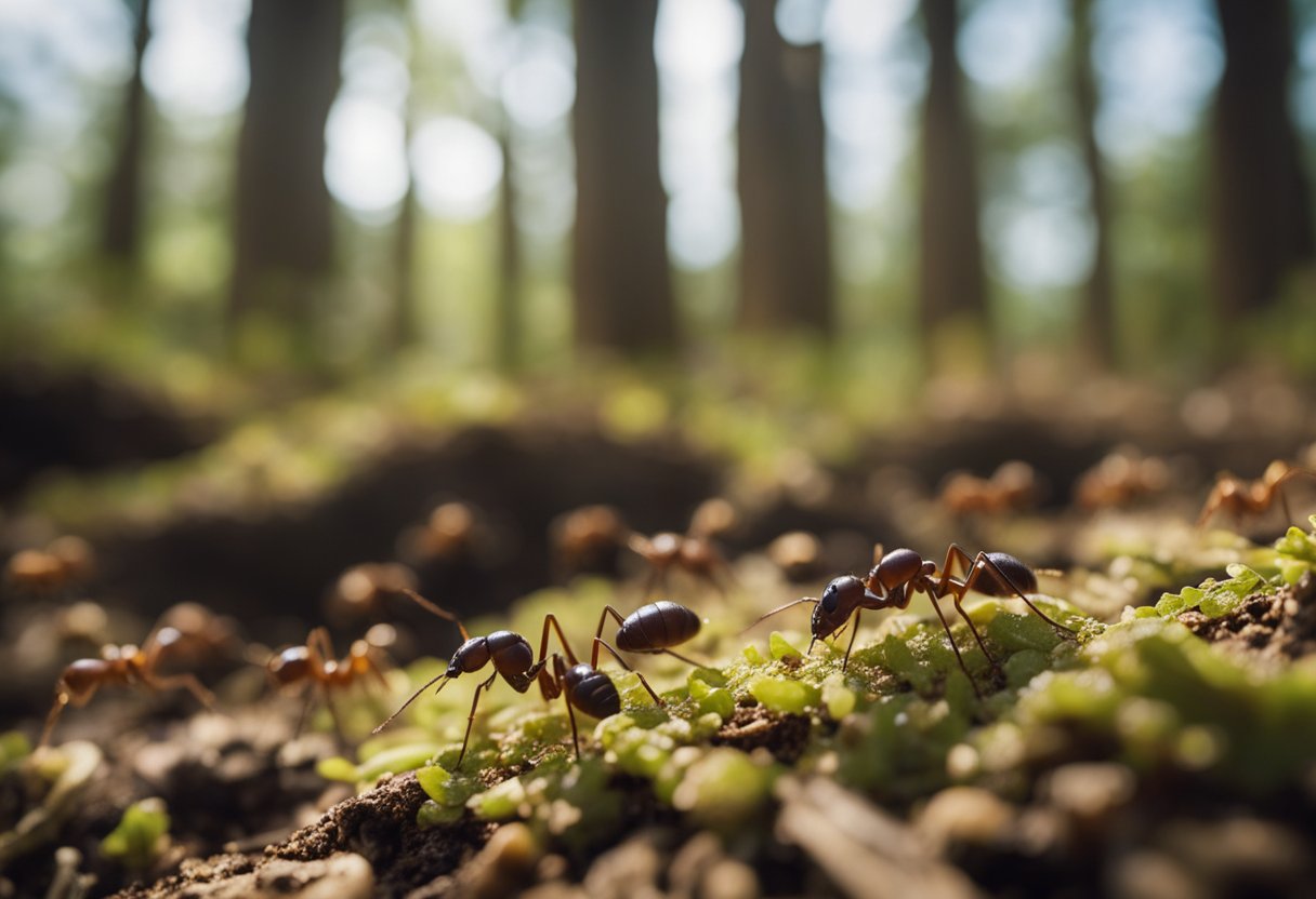 En koloni av brune skogmaur (Lasius brunneus) som haster over skogbunnen, bærer mat og passer på reiret sitt