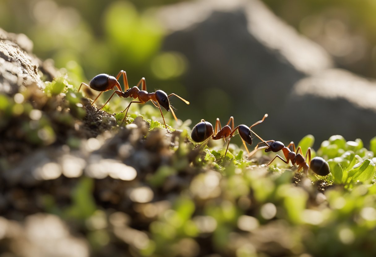 En koloni av Formica exsecta maur som forer og tar vare på redet sitt i et naturlig gresskledd habitat