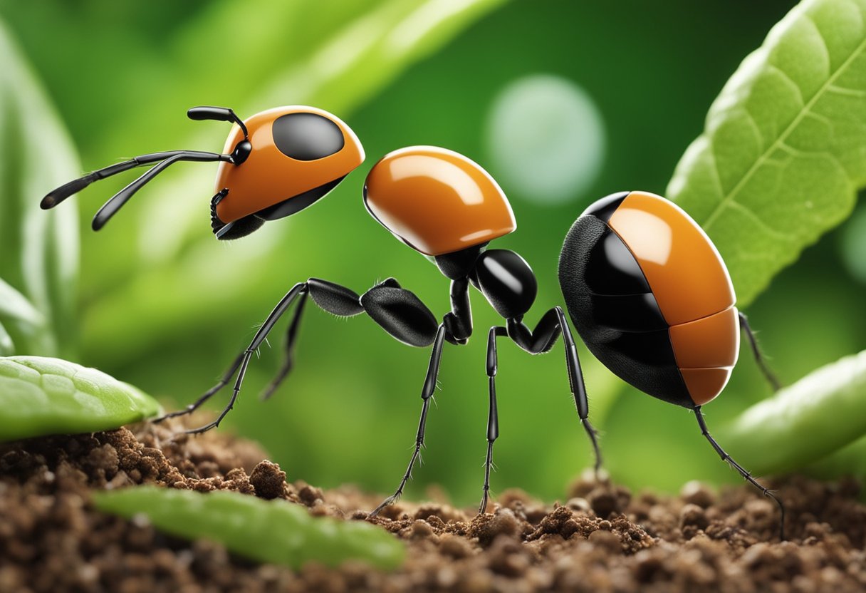 En detaljert illustrasjon av en Formica exsecta maur som bærer et stykke vegetasjon, omringet av et naturlig habitat med forskjellige planter og jord.