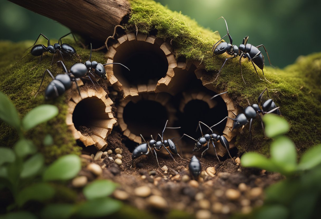 En detaljert illustrasjon av en Camponotus herculeanus maurtue, med intrikate tunneler og rom innenfor en råtnende trestubbe