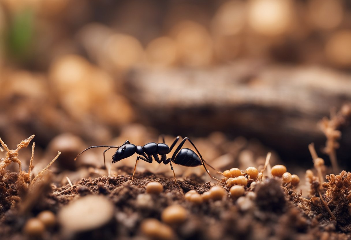 En detaljert illustrasjon av en Camponotus herculeanus maur i sitt naturlige habitat, omgitt av andre maur og trevirke.