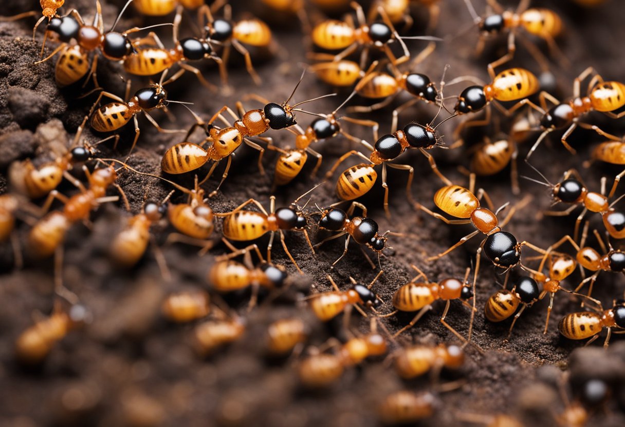 En detaljert illustrasjon av en Camponotus herculeanus maurkoloni, med arbeidere som forer og forsvarer reiret mot rovdyr.