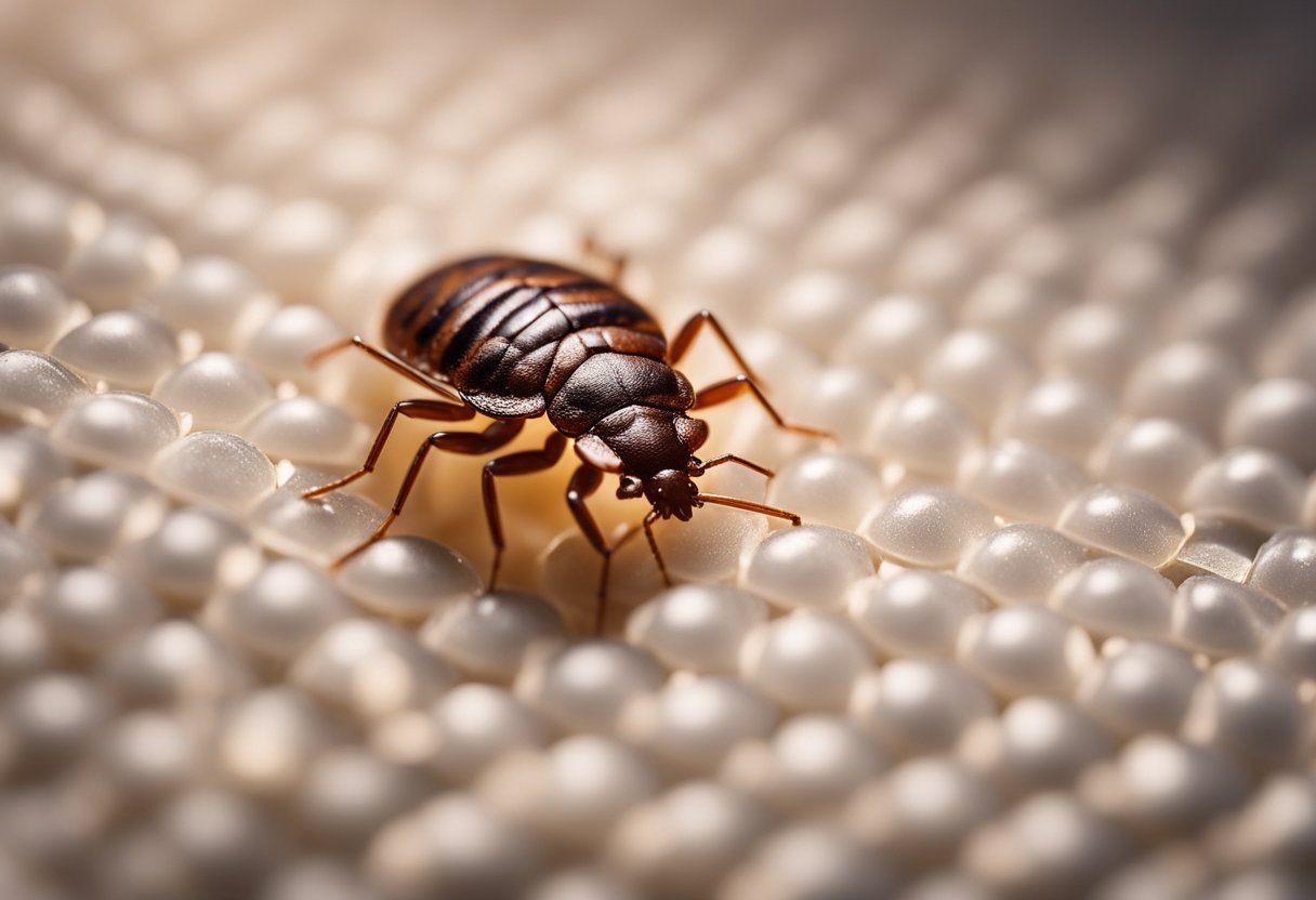 En nærbildeillustrasjon av en veggedyr (Cimex lectularius) i ulike livsstadier, inkludert egg, nymfer og voksne insekter, på en madrass eller sengetøy.