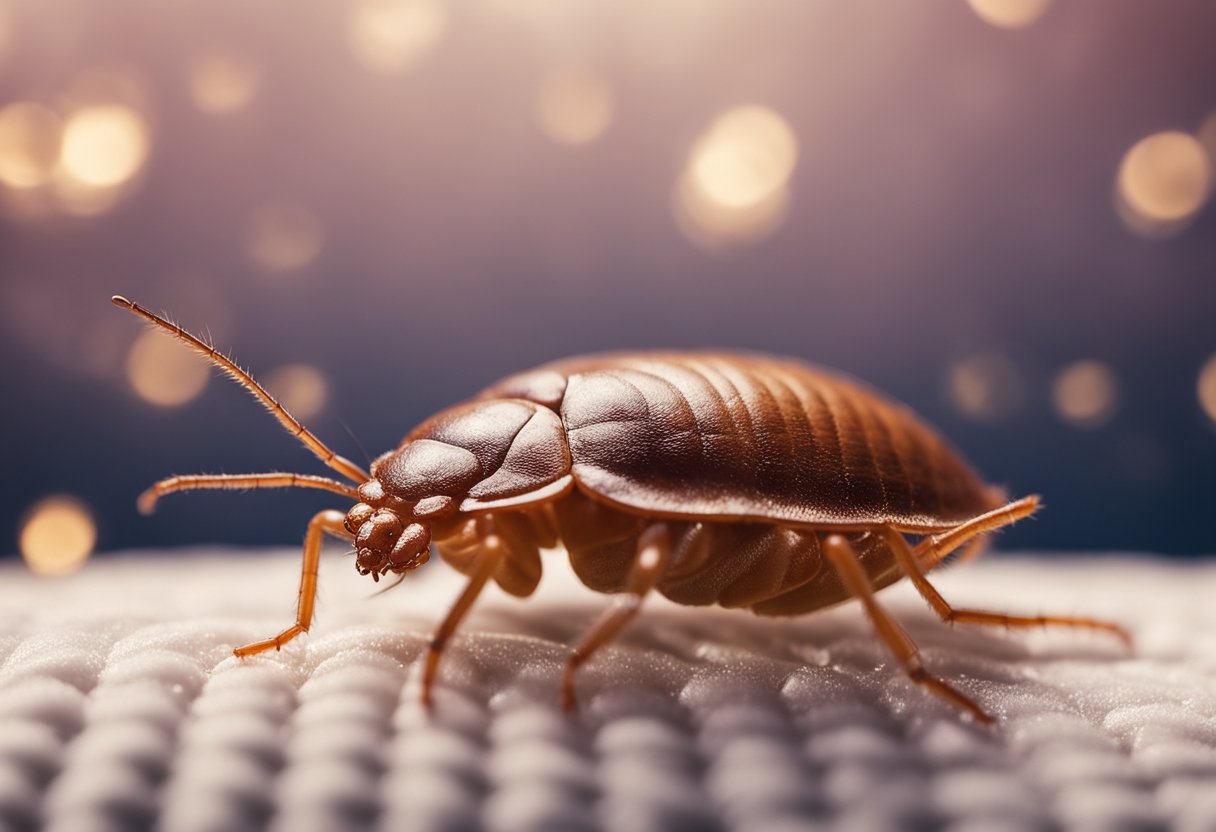 Et nærbilde av en veggedyr (Cimex lectularius) som kryper på en madrass, med et forstørret bilde av dens trekk og omgivelsene.