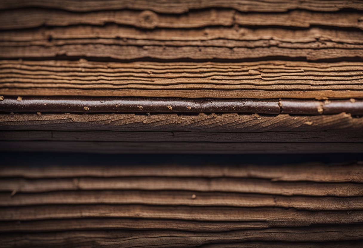 En nærbildeillustrasjon av en stripete borebille (Anobium punctatum) med karakteristiske merker på kroppen, muligens vist på en treoverflate eller innenfor en trekonstruksjon.