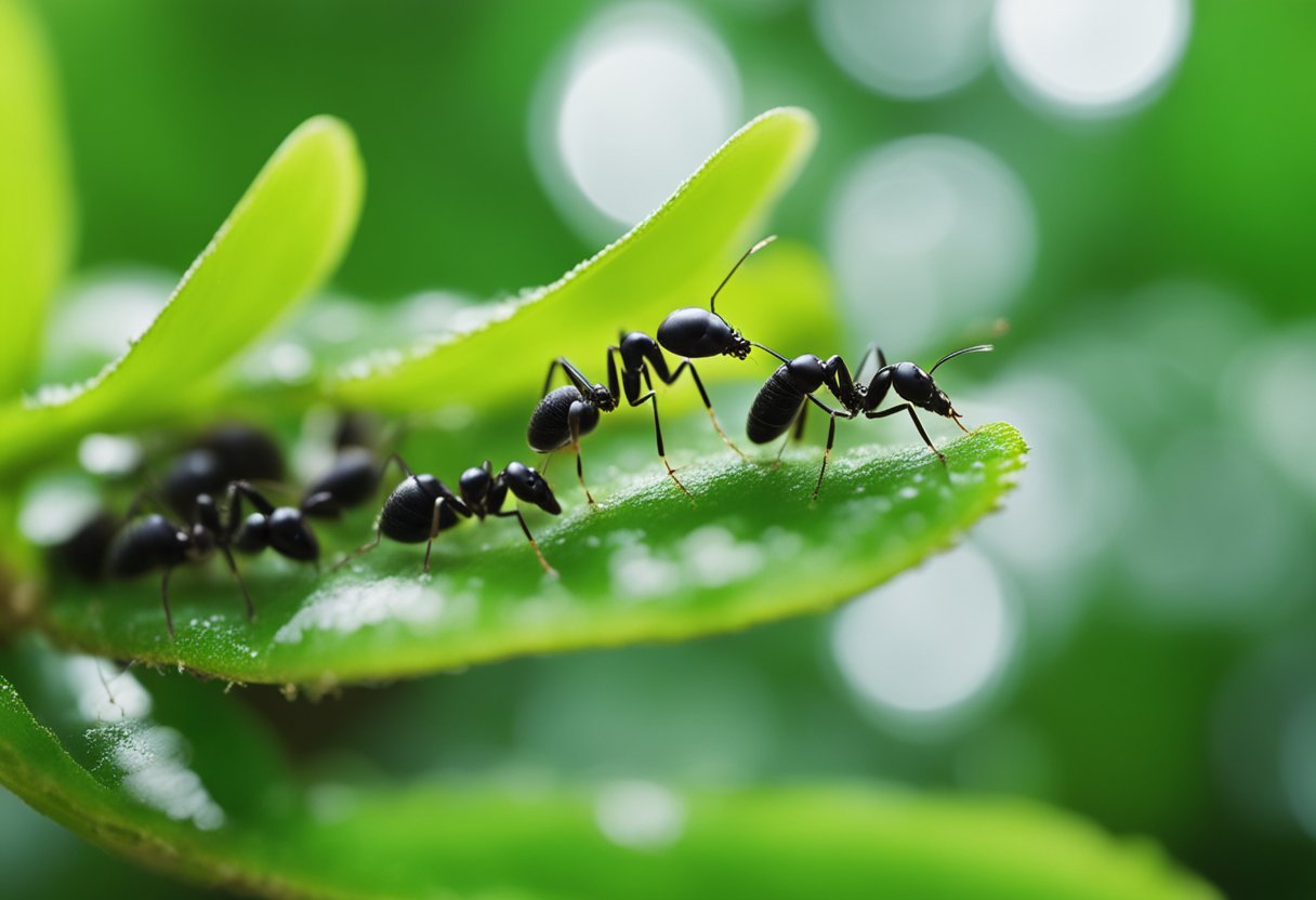 En koloni av svarte hagemaur (Lasius niger) leter etter sukker i en frodig, grønn hage