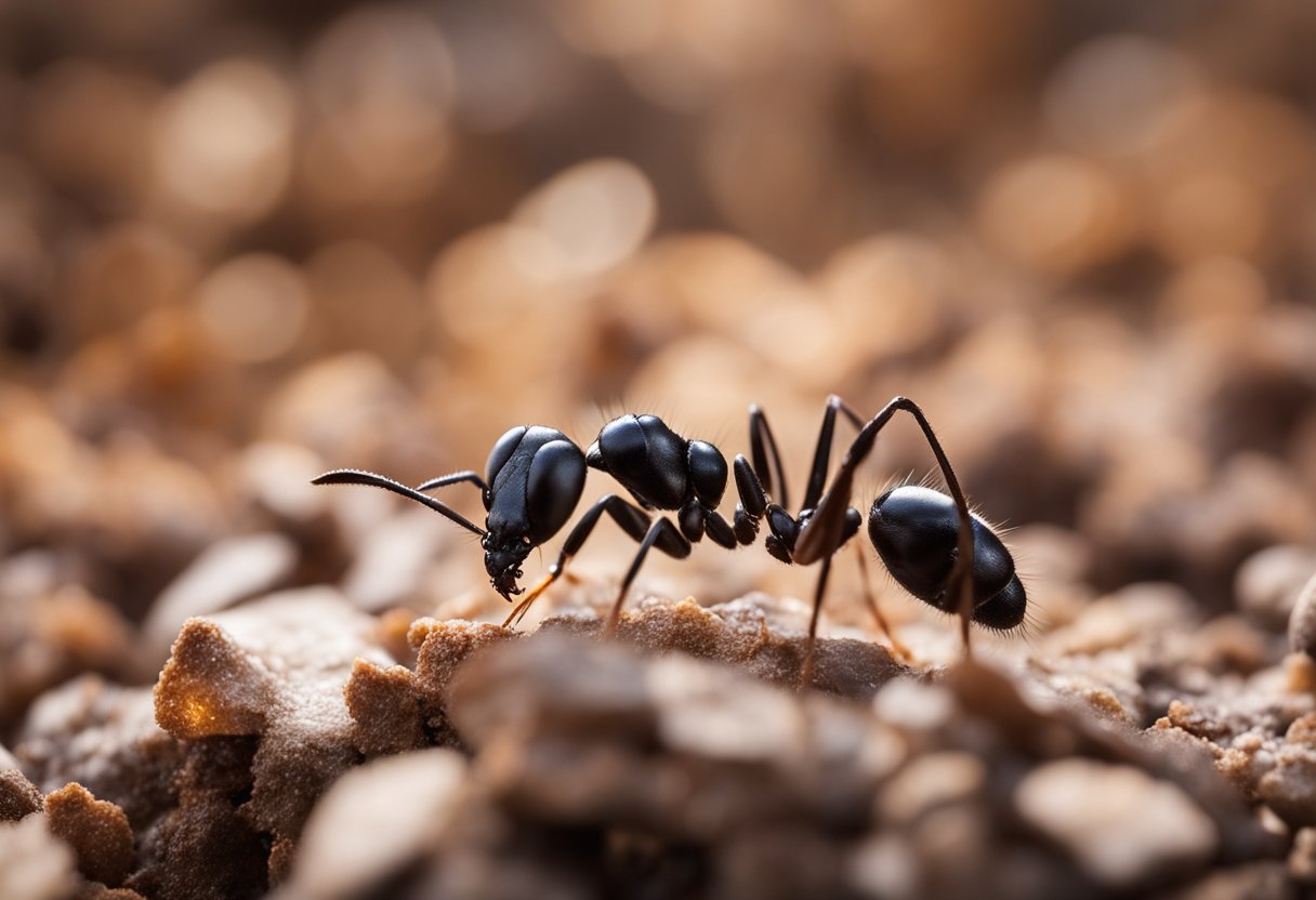 Et nærbilde av en sukkermaur (Lasius niger) som leter etter mat nær en sukkerkilde, med andre maur i bakgrunnen