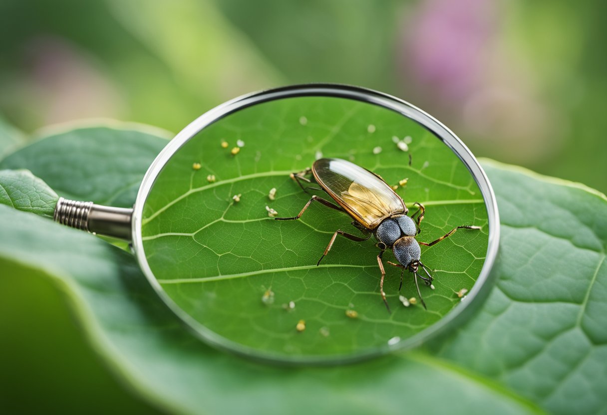Et forstørrelsesglass svever over et blad og avslører små insekter og skadedyr som kryper på overflaten.