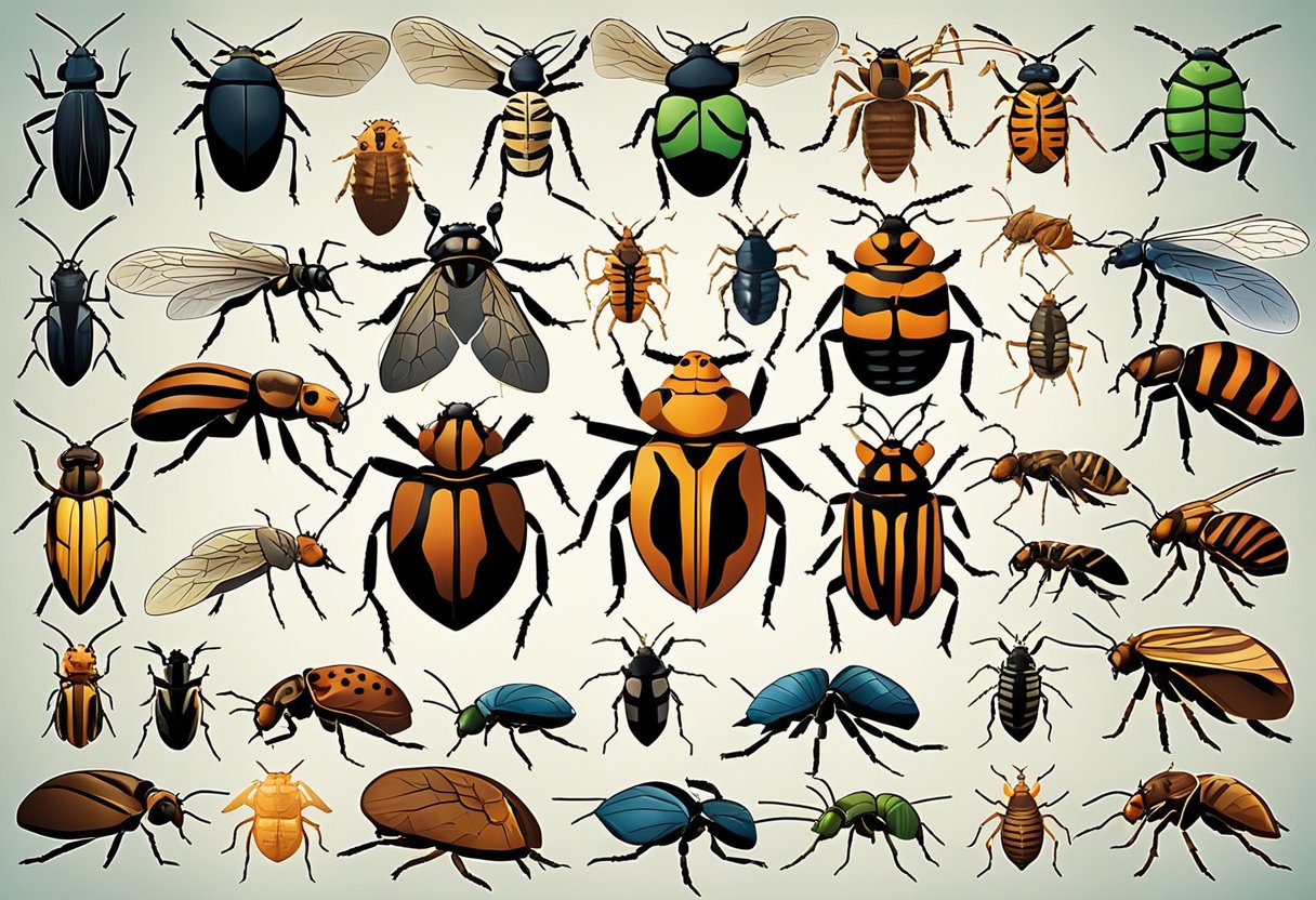 En nærbildeillustrasjon av forskjellige insekter som ligner på sengelus, med detaljerte forskjeller fremhevet for sammenligning
