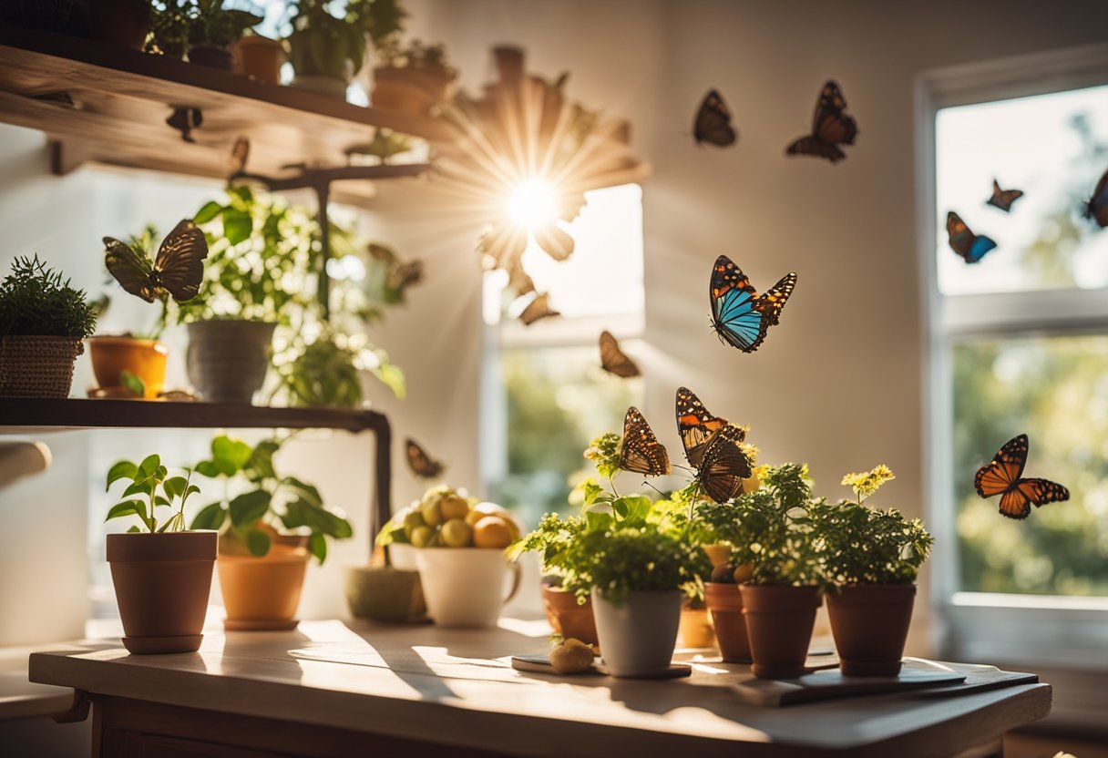 Et koselig stue med klart sollys som strømmer inn gjennom vinduene, potteplanter på hyllene, og en liten bolle med frukt som tiltrekker seg en svarm av fargerike sommerfugler.