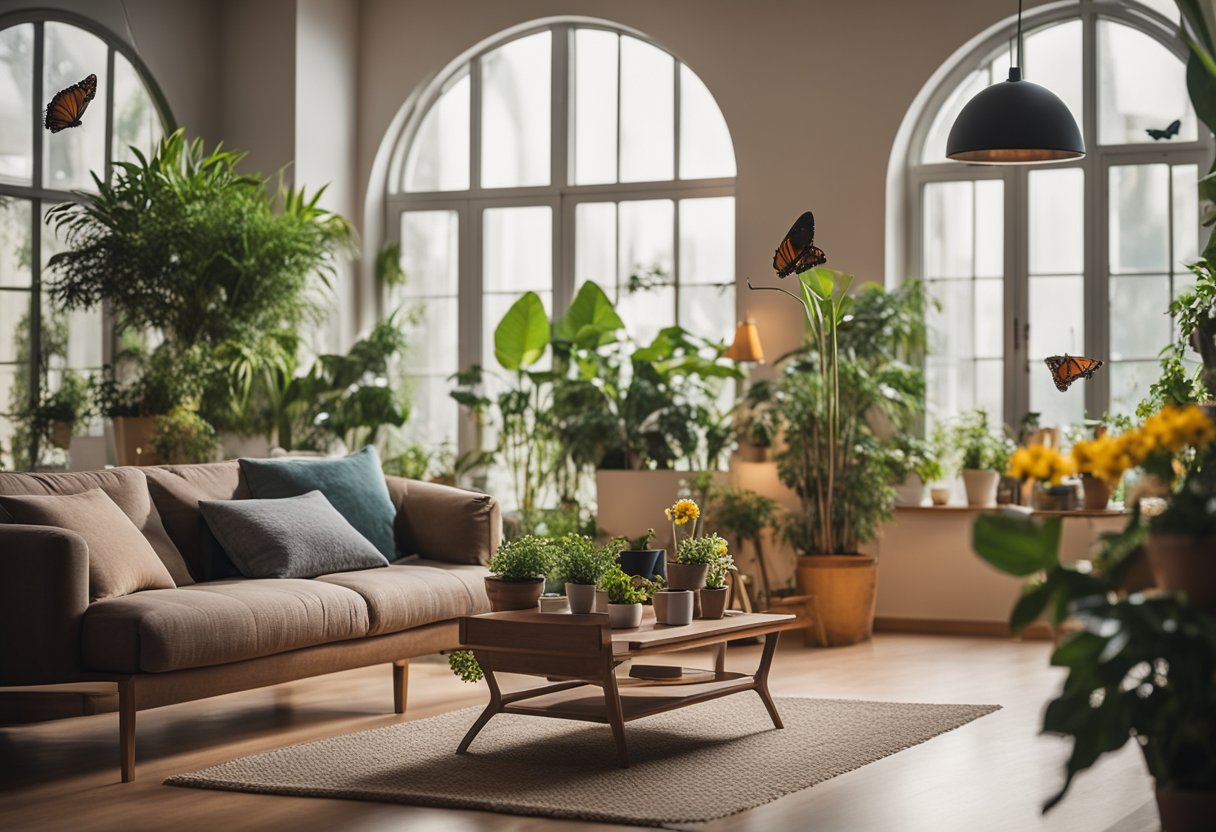 Et koselig stue med potteplanter og åpne vinduer. Noen blomster tiltrekker fargerike sommerfugler, mens en fluesmekker ligger i nærheten.