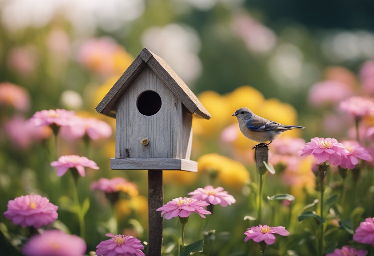 Et lite fuglehus omgitt av blomstrende blomster, med en liten fugleloppe avbildet i nærheten