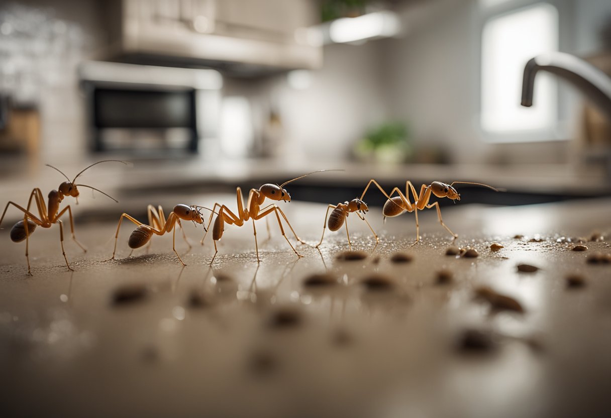 Et kjøkken infestert med faraomyrer, krypende langs benkeplater og inne i skap, mens en frustrert huseier prøver ulike metoder for å kontrollere infestasjonen.