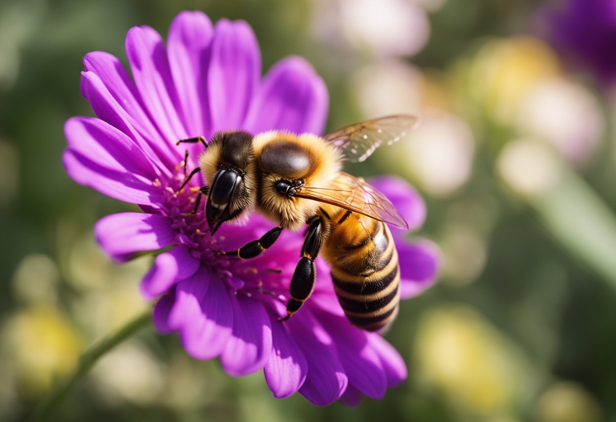 En honningbie som samler nektar fra en livlig blomst i en frodig hage