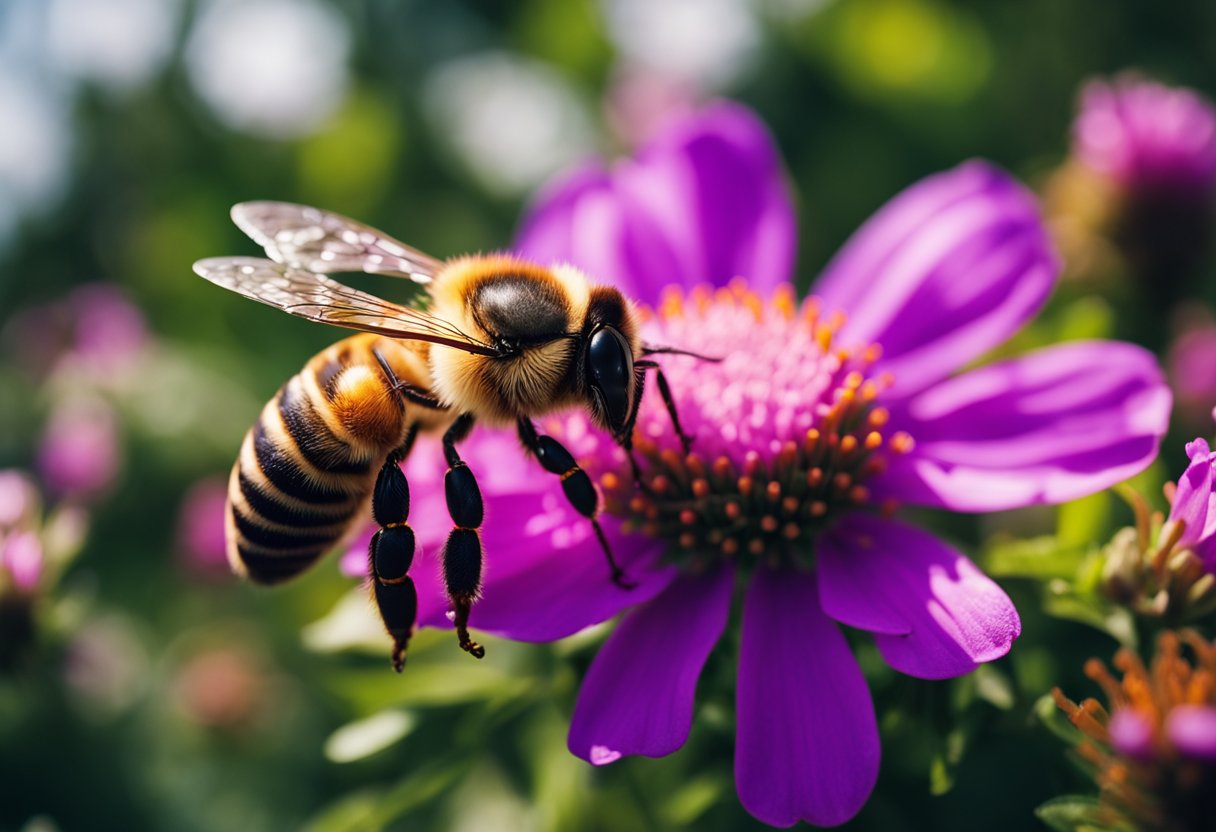 En honningbie som samler nektar fra en livlig blomst i en frodig hage