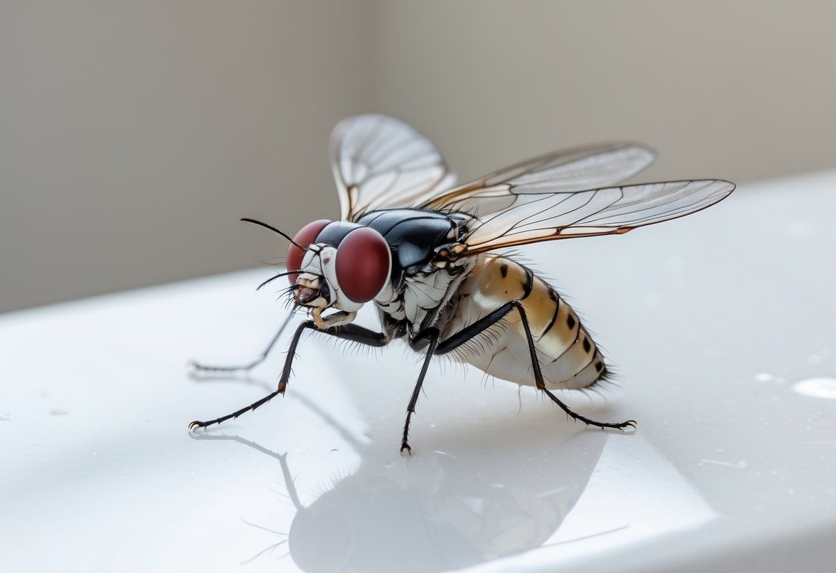 Nærbilde av en husflue sittende på en hvit overflate.