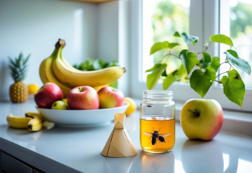 Kjøkkenbenk med frukt i en skål og en glasskrukke med fruktfluefelle laget av eplecidereddik og papirtrakt.