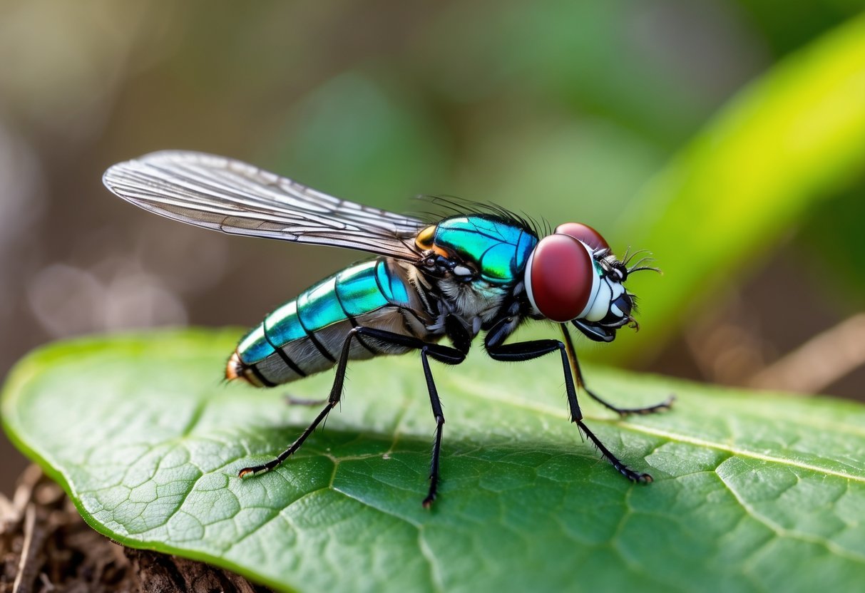 Nærbilde av en spyflue sittende på et grønt blad i naturen.