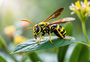 En veps sitter på et grønt blad i naturen med blomster og blader i bakgrunnen.
