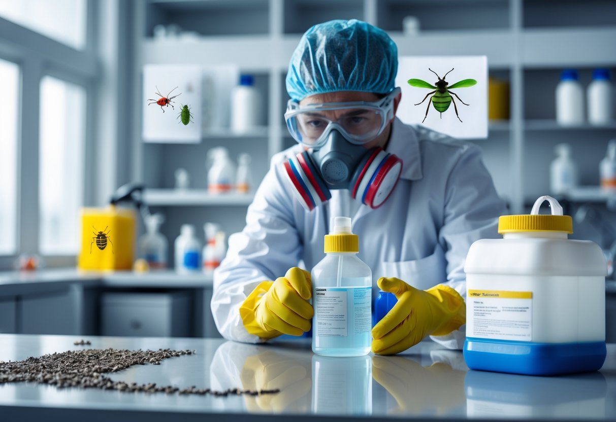 En person i verneutstyr som håndterer kjemiske midler for skadedyrbekjempelse i et laboratorium.