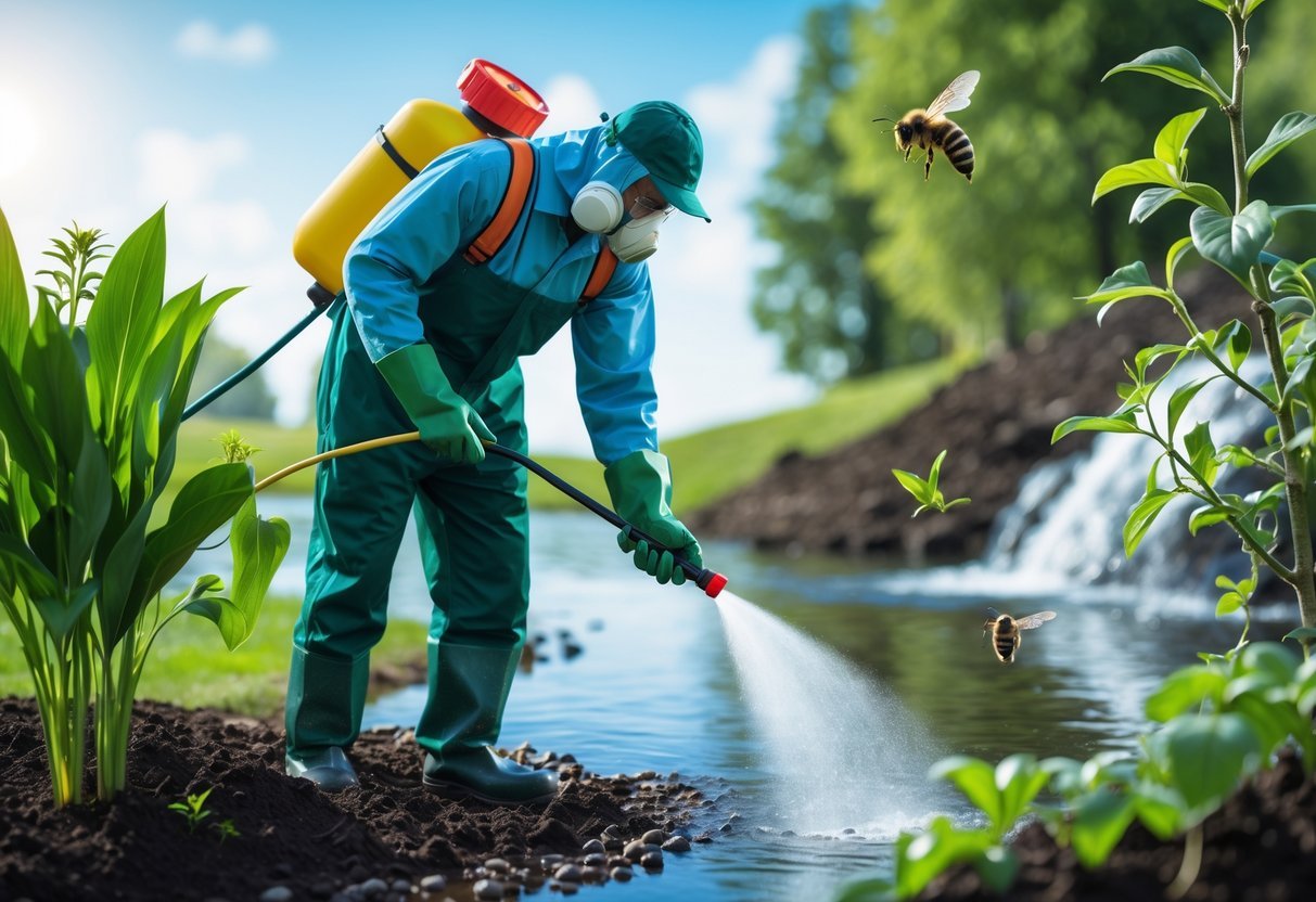 En person i verneutstyr sprayer plantevernmidler utendørs nær planter, med natur og dyr i bakgrunnen.