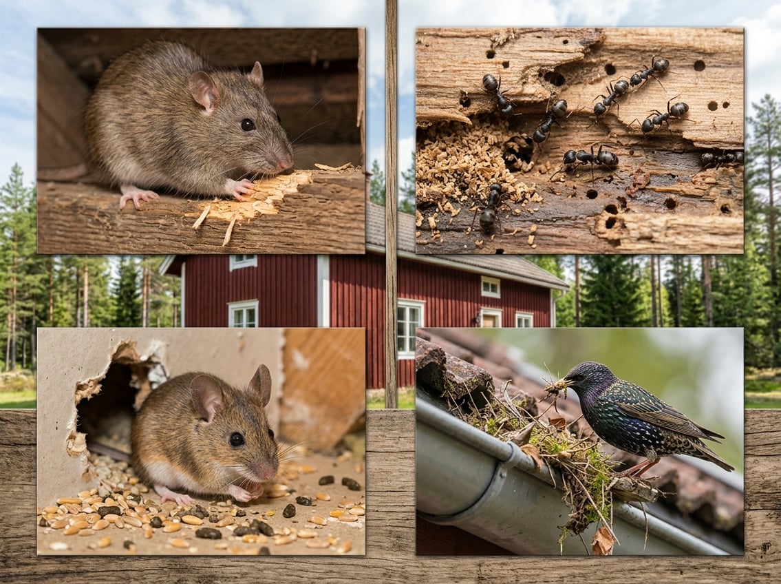 Nærbilde av vanlige skadedyr i et norsk naturområde med trær og trehus i bakgrunnen.