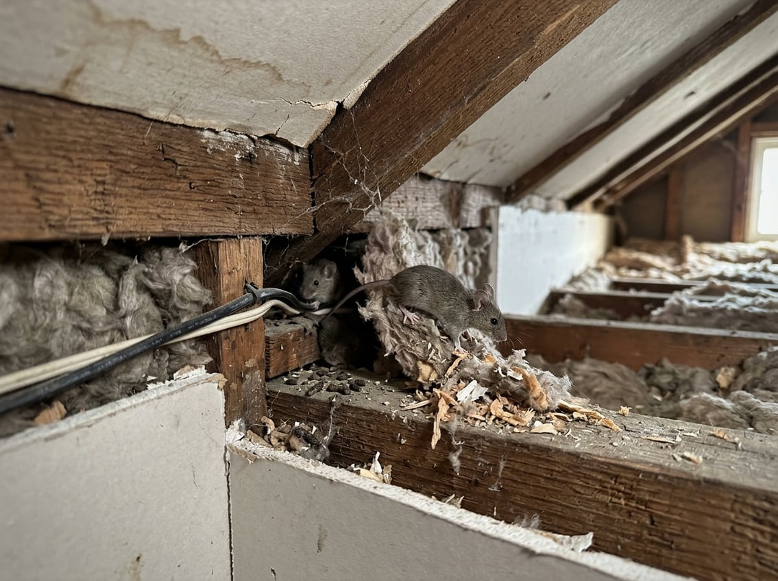 Mus som beveger seg inne i vegger, tak og loft i et hus.