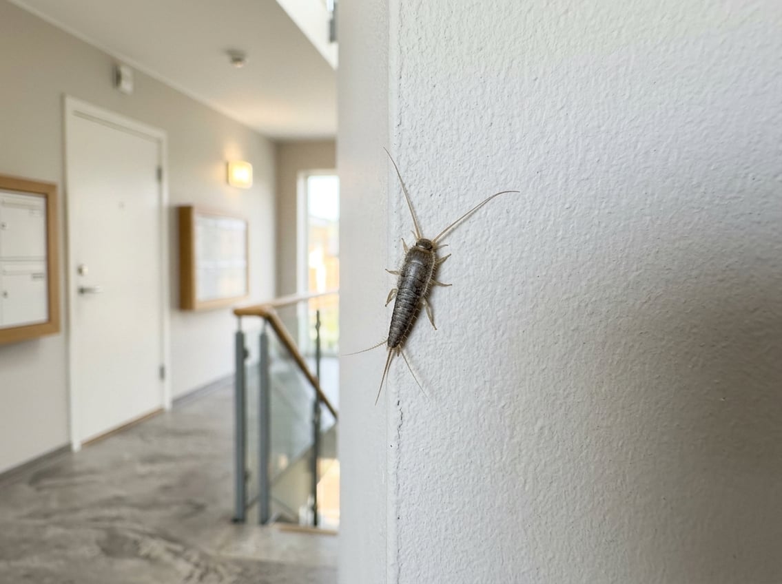 Nærbilde av en skjeggkre på en vegg i en oppgang i et borettslag.