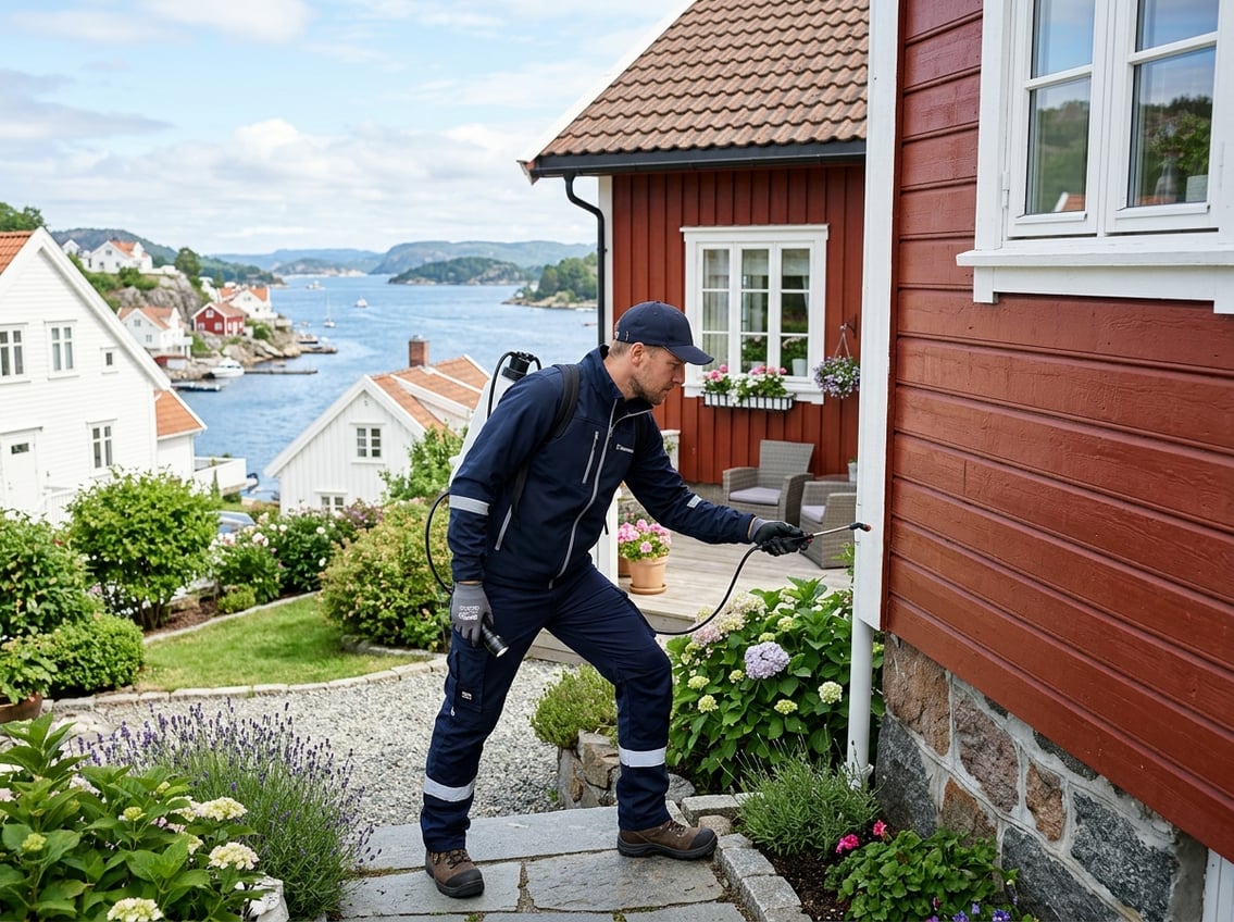 En skadedyrkontrollør inspiserer utsiden av et typisk norsk hus i Arendal, omgitt av hage og grøntområder.
