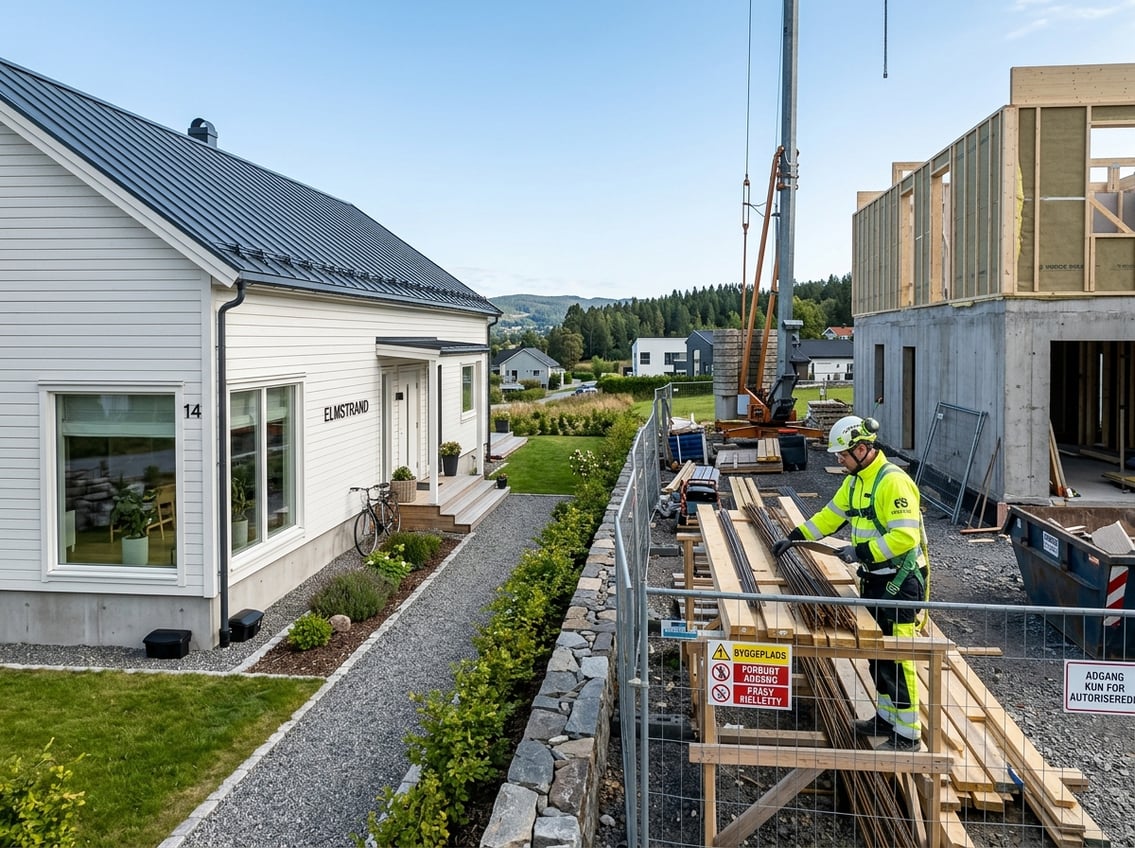 Et moderne hus med synlige bygningsdetaljer og en byggeplass i bakgrunnen med en arbeider som inspiserer materialer.