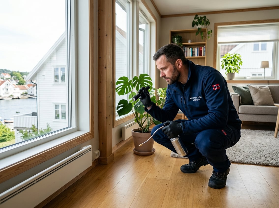 En skadedyrkontrollør inspiserer et moderne hjem med utstyr i hendene.