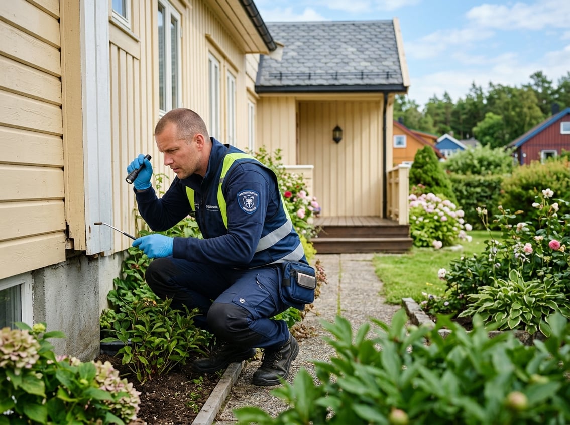 En skadedyrkontrolltekniker inspiserer utsiden av et hus omgitt av grønne planter.