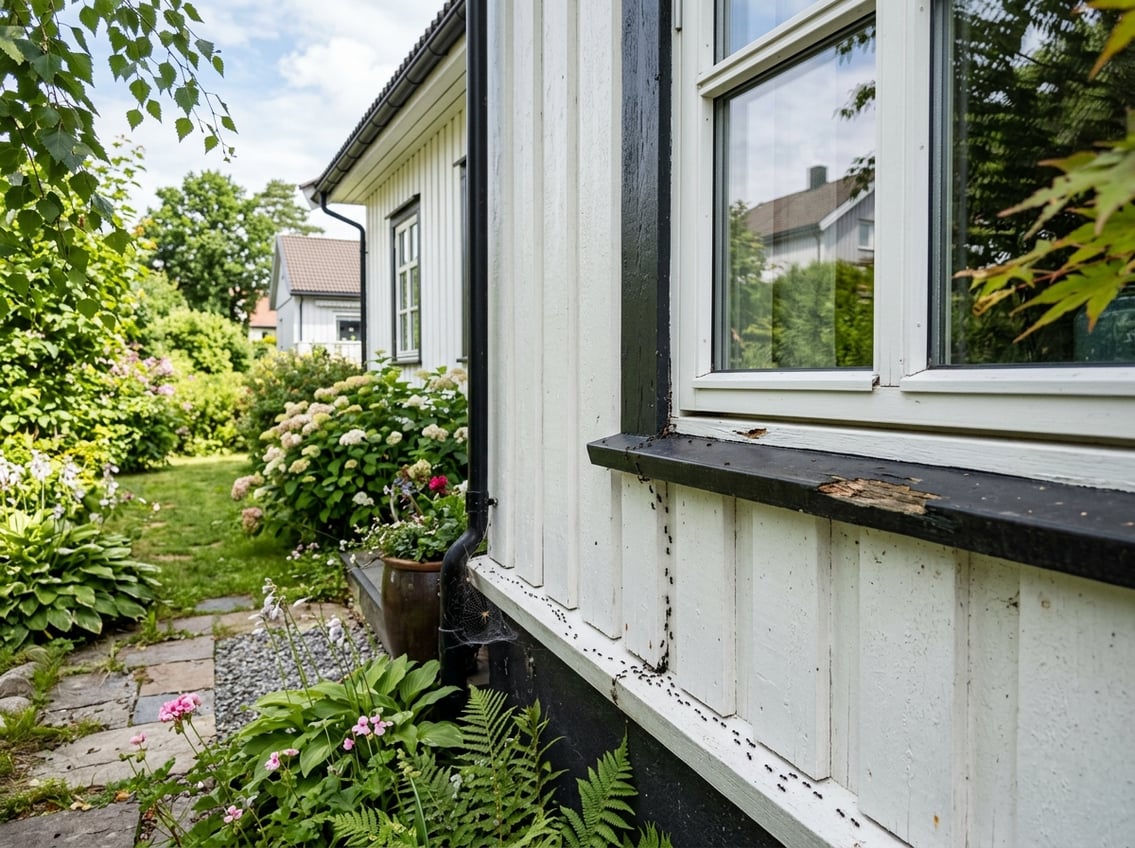 Nærbilde av et norsk hjem med tegn på vanlige skadedyr som maur og gnagere, i et lyst og ryddig uteområde.