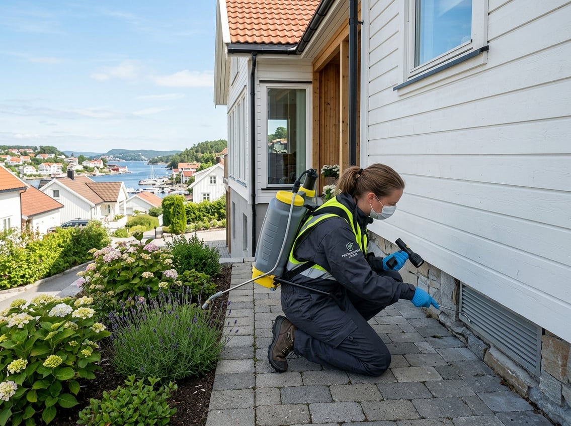 En skadedyrkontrollspesialist inspiserer utsiden av et moderne hus i et nabolag i Kristiansand.