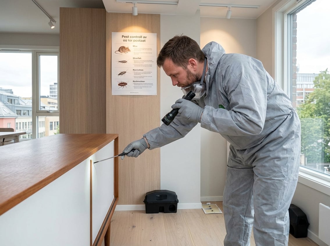 En skadedyrkontrolltekniker inspiserer et rom med utstyr for å bekjempe mus, rotter, veggedyr og skjeggkre.