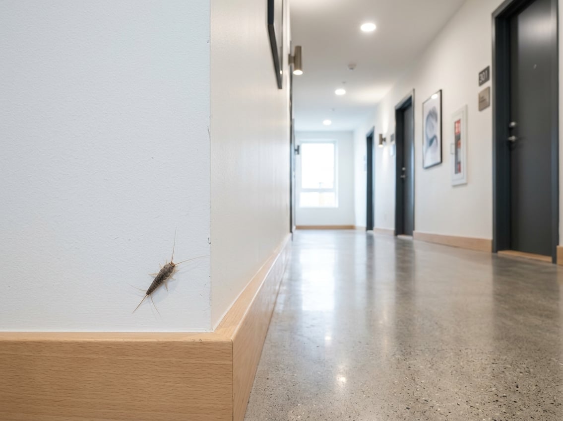 Nærbilde av et skjeggkre som kryper på veggen i en lys og ren gang i et leilighetsbygg.