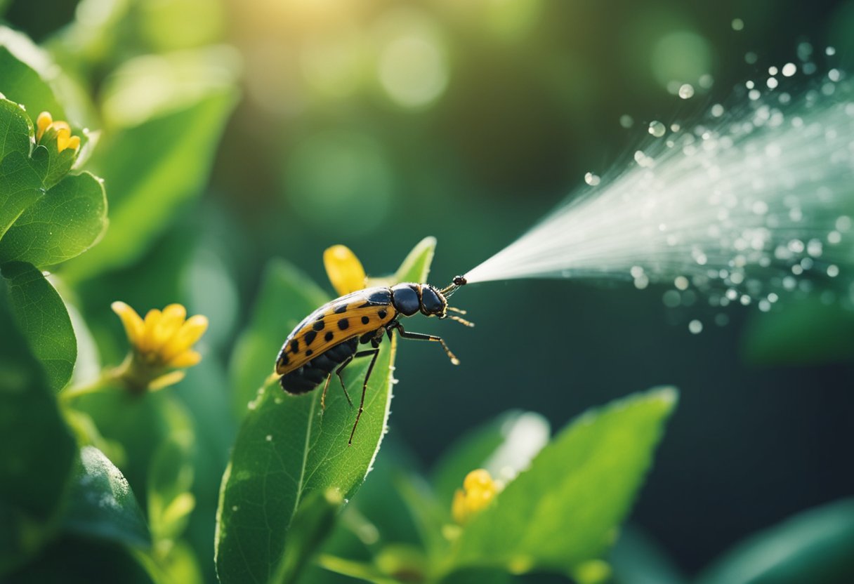 En person sprayer insektmiddel på planter, mens insektene fortsetter å trives