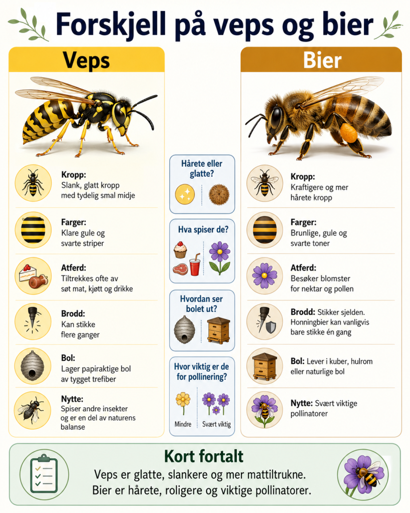 Infografikk forskjell på veps og bier detaljer og gode forklaringer